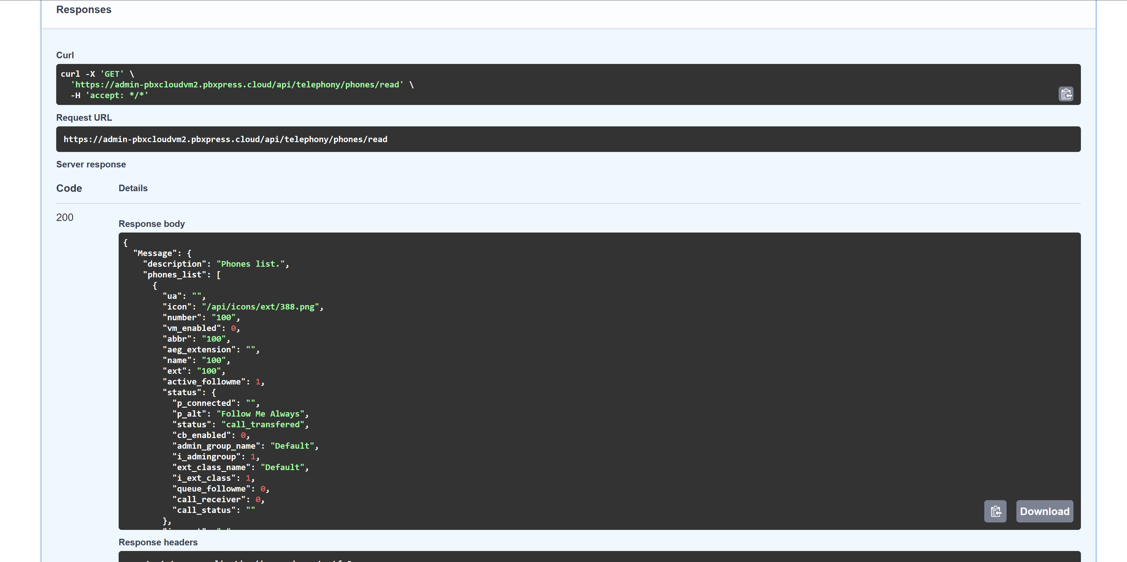 Console PBXpress con documentazione OpenAPI