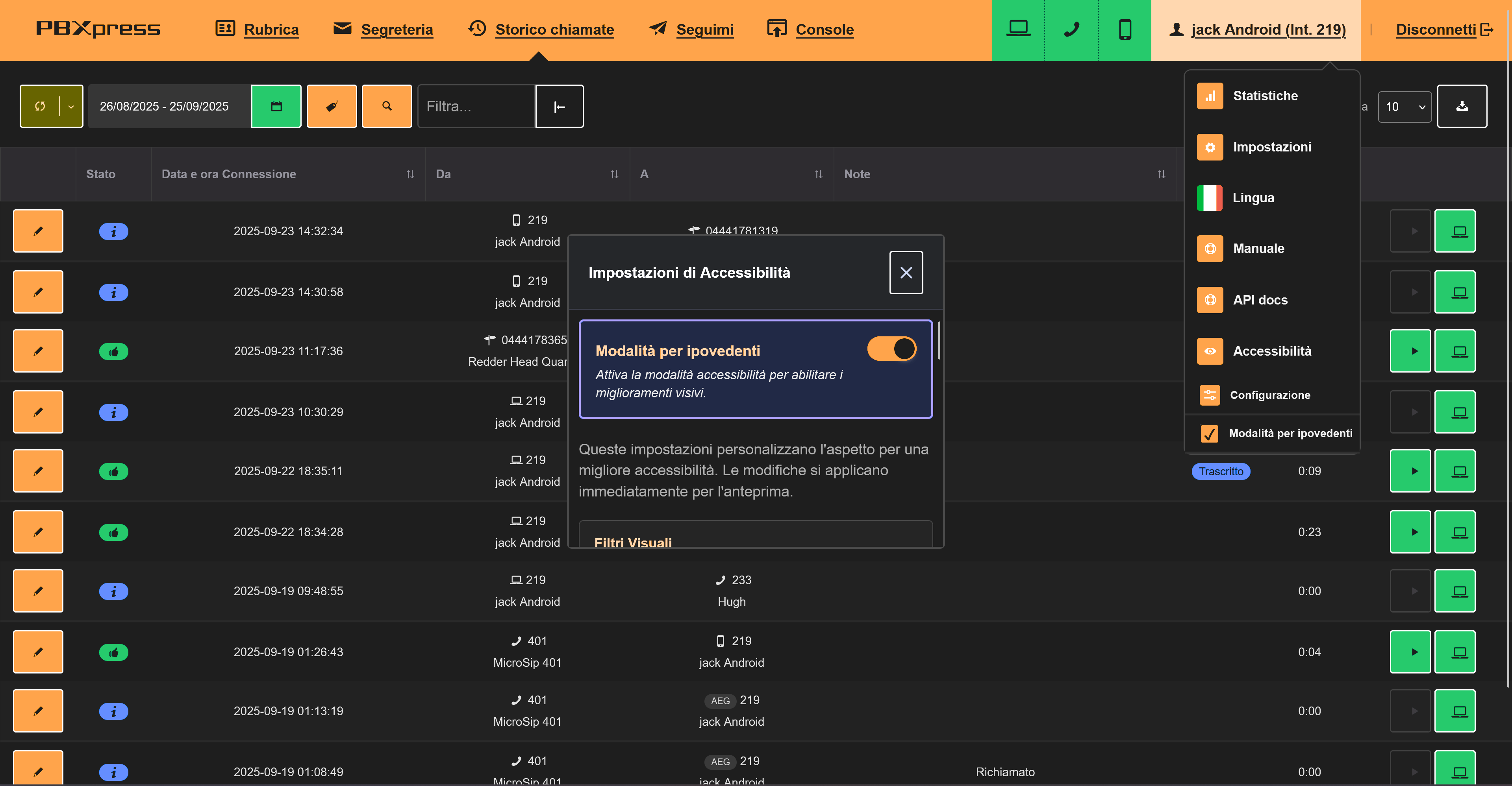 Modalità accessibilità PBXpress
