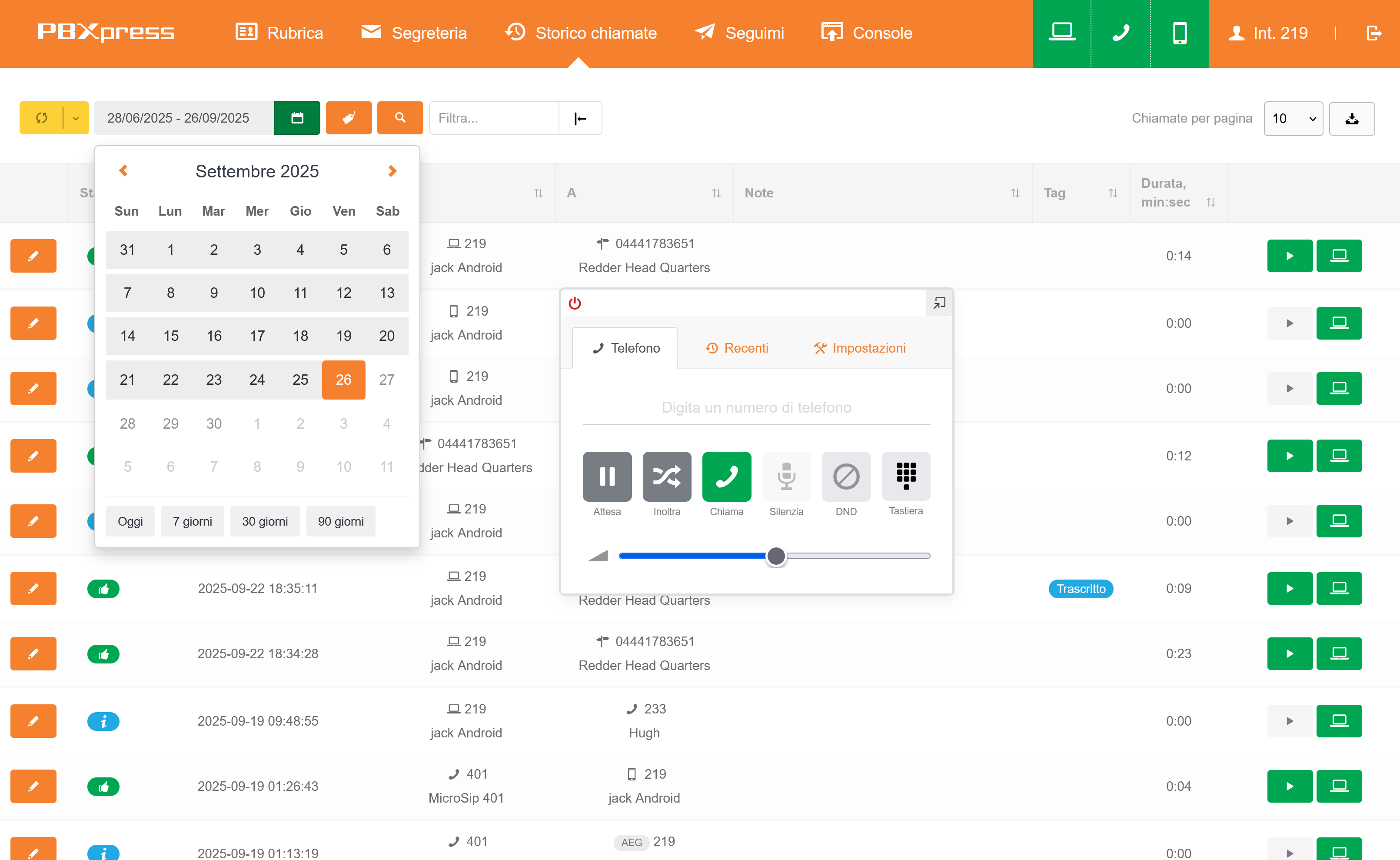 Area utente PBXpress con Web Phone